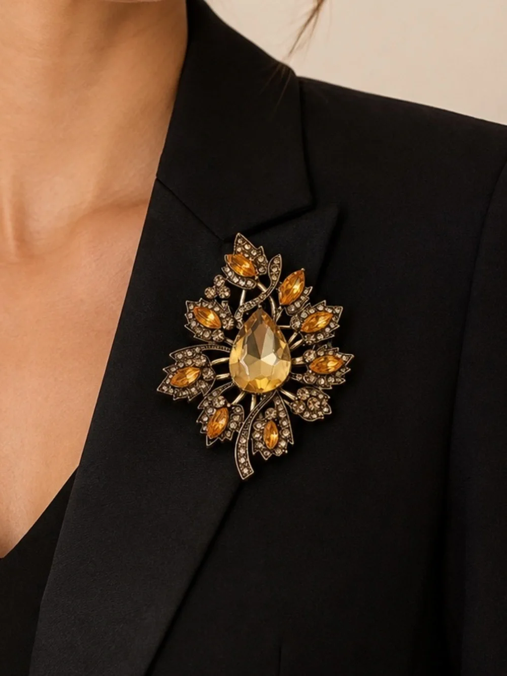 Autumn Amber Crystal Leaf Brooch